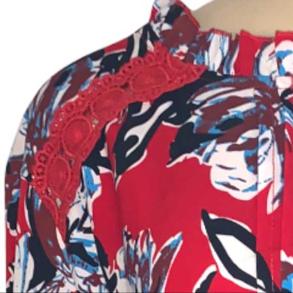 Suzanne Betro PLUS Pleated Front High Ruffle Collar Lace LS Blouse Red Shirt Top - Picture 3 of 6